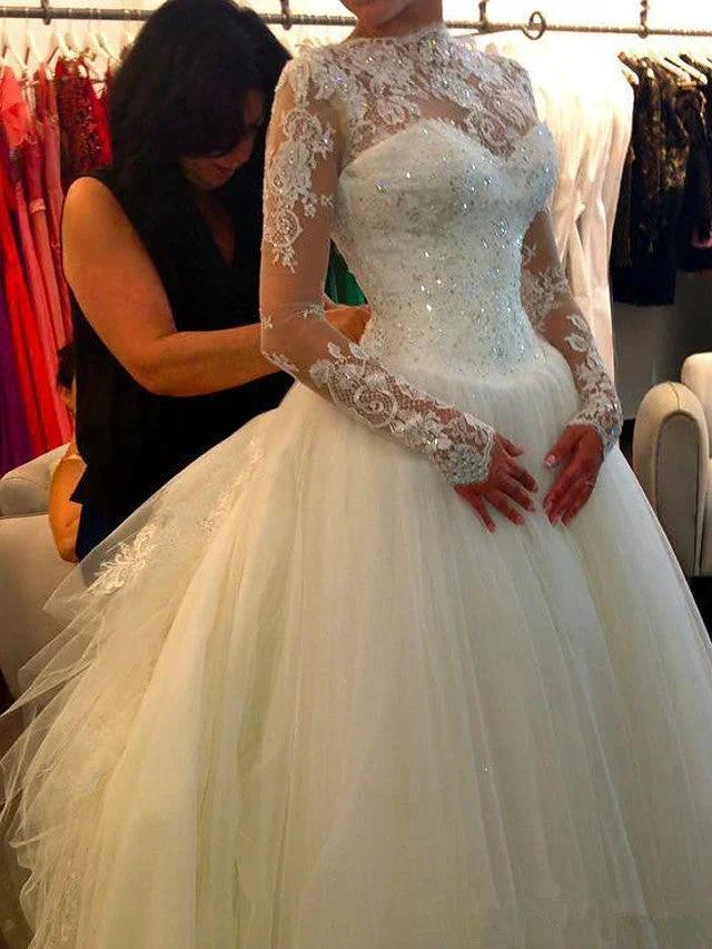 Long Sleeve A-Line Jewel Neck Court Train Lace Tulle Wedding Dresses by BIZTUNNEL