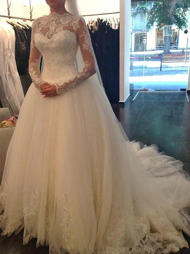 Long Sleeve A-Line Jewel Neck Court Train Lace Tulle Wedding Dresses by BIZTUNNEL