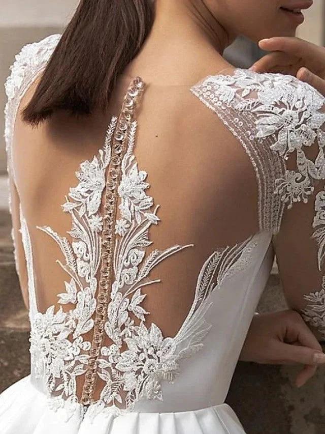Long Sleeve A-Line Jewel Neck Sweep Brush Train Lace Satin Wedding Dresses with Pockets by BIZTUNNEL