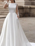 Long Sleeve A-Line Jewel Neck Sweep Brush Train Lace Satin Wedding Dresses with Pockets by BIZTUNNEL