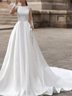 Long Sleeve A-Line Jewel Neck Sweep Brush Train Lace Satin Wedding Dresses with Pockets by BIZTUNNEL