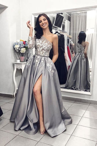 Vestido de fiesta de manga larga, corte A, un hombro, abertura frontal y bolsillos