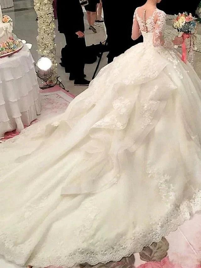 Long Sleeve A-Line Scoop Neck Court Train Organza Wedding Dresses by BIZTUNNEL