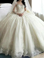 Long Sleeve A-Line Scoop Neck Court Train Organza Wedding Dresses by BIZTUNNEL