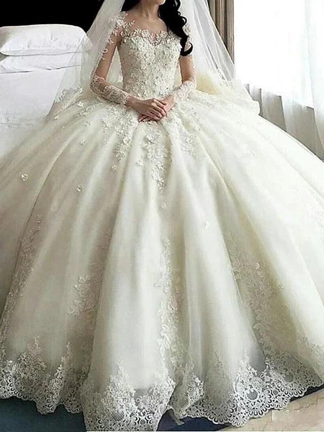Long Sleeve A-Line Scoop Neck Court Train Organza Wedding Dresses by BIZTUNNEL