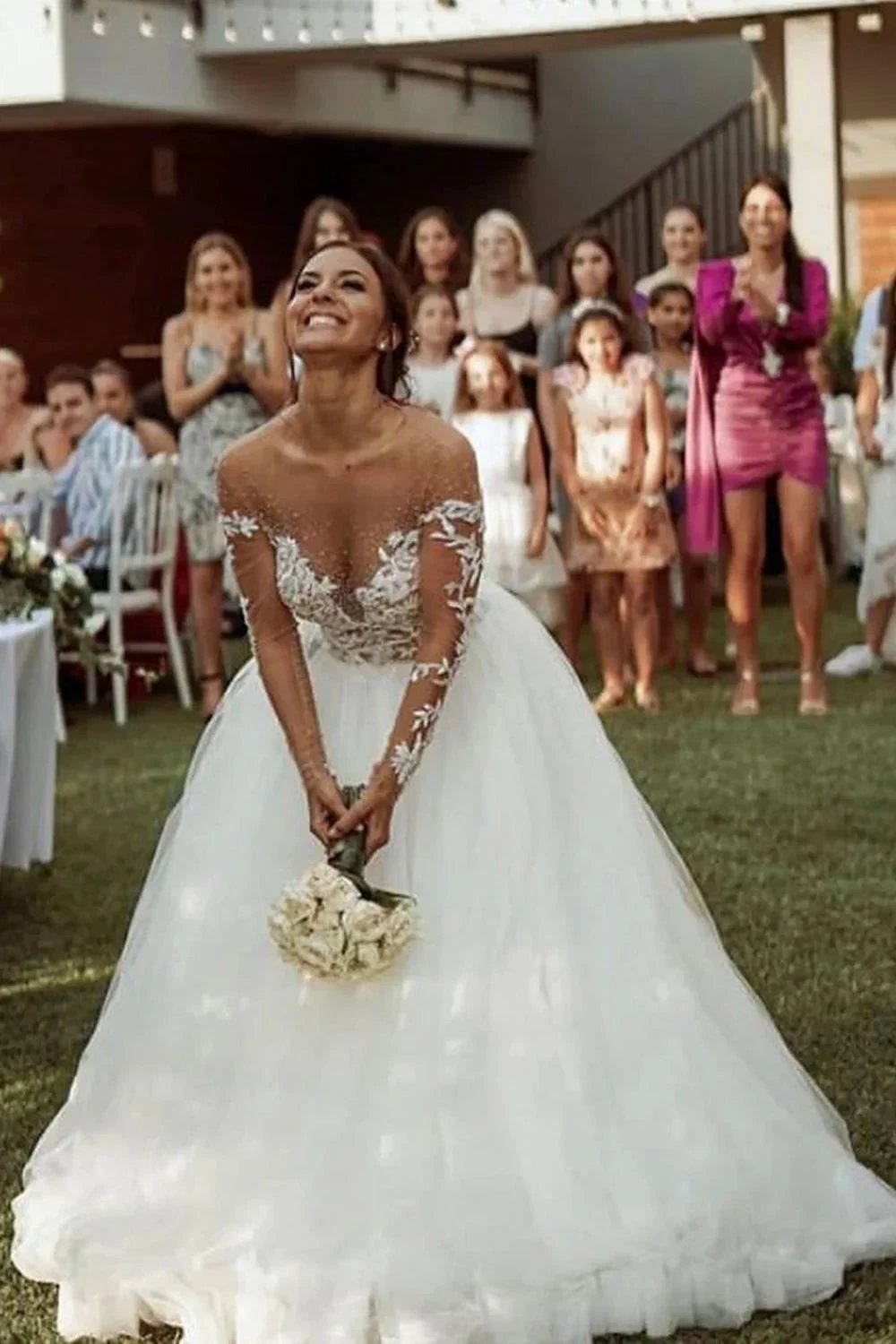 Long Sleeve A-line Sweetheart Tulle Lace Wedding Dress by BIZTUNNEL