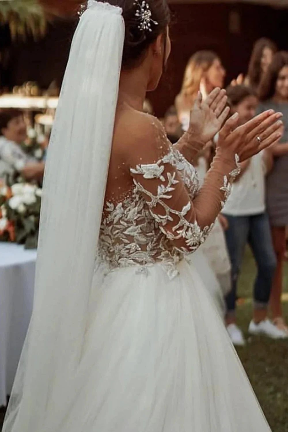 Long Sleeve A-line Sweetheart Tulle Lace Wedding Dress by BIZTUNNEL