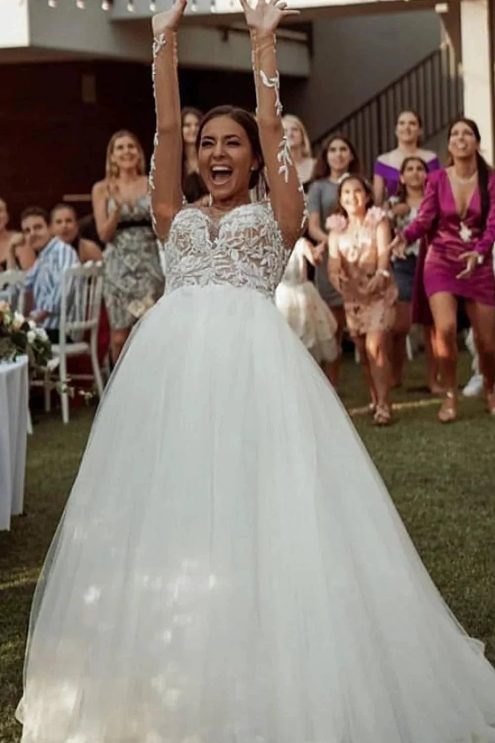 Long Sleeve A-line Sweetheart Tulle Lace Wedding Dress by BIZTUNNEL