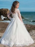 Long Sleeve Ball Gown Jewel Neck Lace Tulle Wedding Party Flower Girl Dresses - photo 2