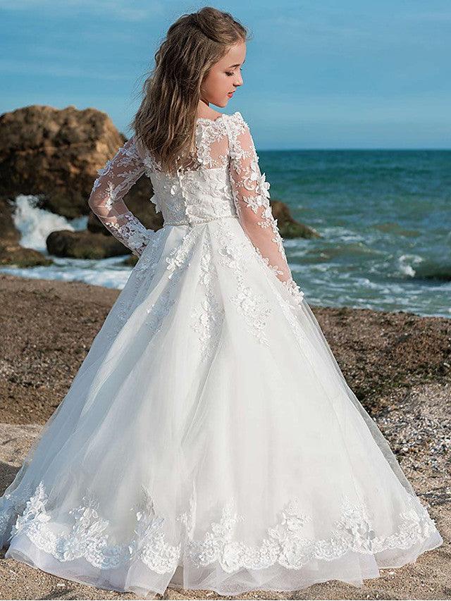 Long Sleeve Ball Gown Jewel Neck Lace Tulle Wedding Party Flower Girl Dresses - photo 2