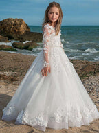 Long Sleeve Ball Gown Jewel Neck Lace Tulle Wedding Party Flower Girl Dresses - photo 1