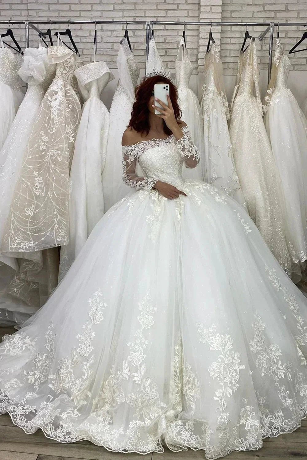 Long Sleeve Ball Gown Off The Shoulder Illusion Wedding Dress by BIZTUNNEL
