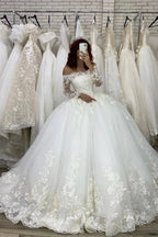 Long Sleeve Ball Gown Off The Shoulder Illusion Wedding Dress by BIZTUNNEL