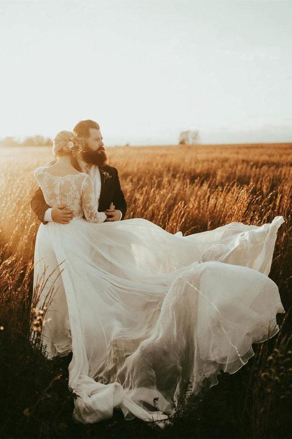 Long Sleeve Bateau See-through Bodice A-line Wedding Dress WD406 by pgmdress