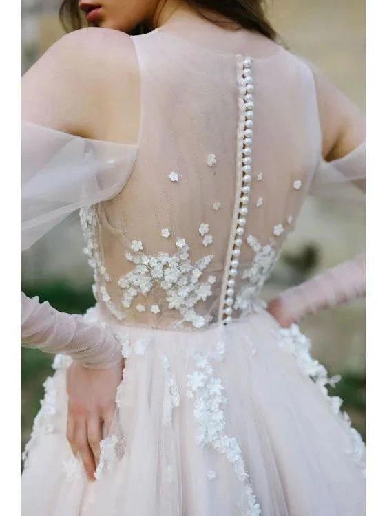 Long Sleeve Beach Wedding Dresses Cold Shoulder Boho Rustic Wedding Dress WD448 by pgmdress