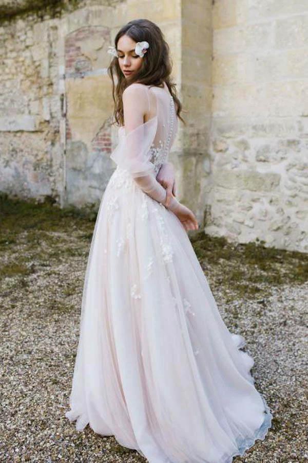 Long Sleeve Beach Wedding Dresses Cold Shoulder Boho Rustic Wedding Dress WD448 by pgmdress