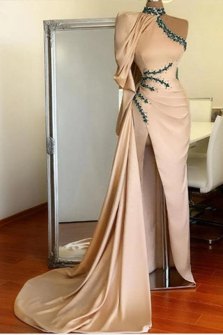 Vestido de fiesta de sirena con un solo hombro, cuello alto y manga larga con abertura