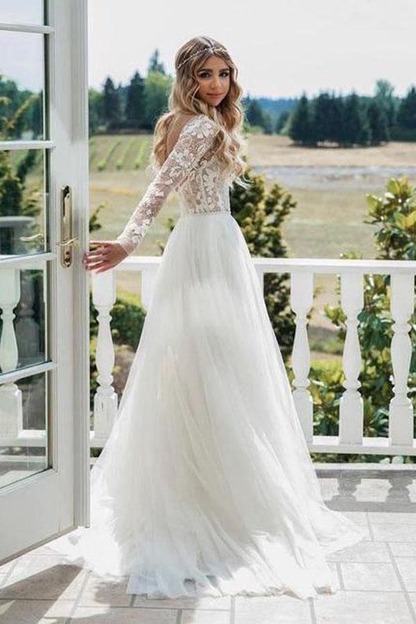 Long Sleeve Ivory Tulle See Through Backless Wedding Dresses WD302 by pgmdress
