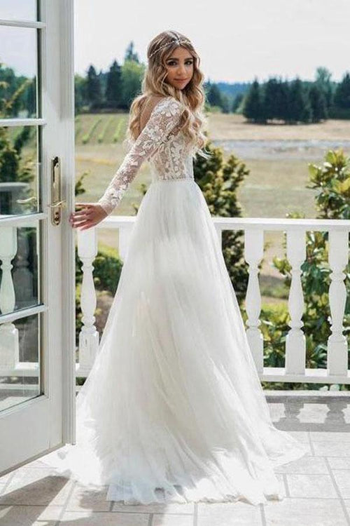 Long Sleeve Ivory Tulle See Through Backless Wedding Dresses WD302 by pgmdress