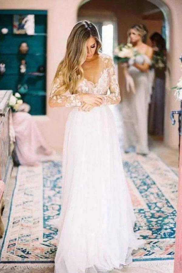 Long Sleeve Ivory Tulle See Through Backless Wedding Dresses WD302 by pgmdress