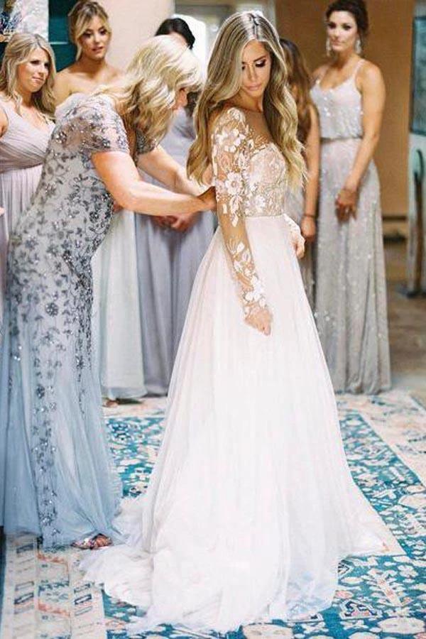 Long Sleeve Ivory Tulle See Through Backless Wedding Dresses WD302 by pgmdress