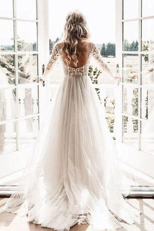 Long Sleeve Ivory Tulle See Through Backless Wedding Dresses WD302 by pgmdress