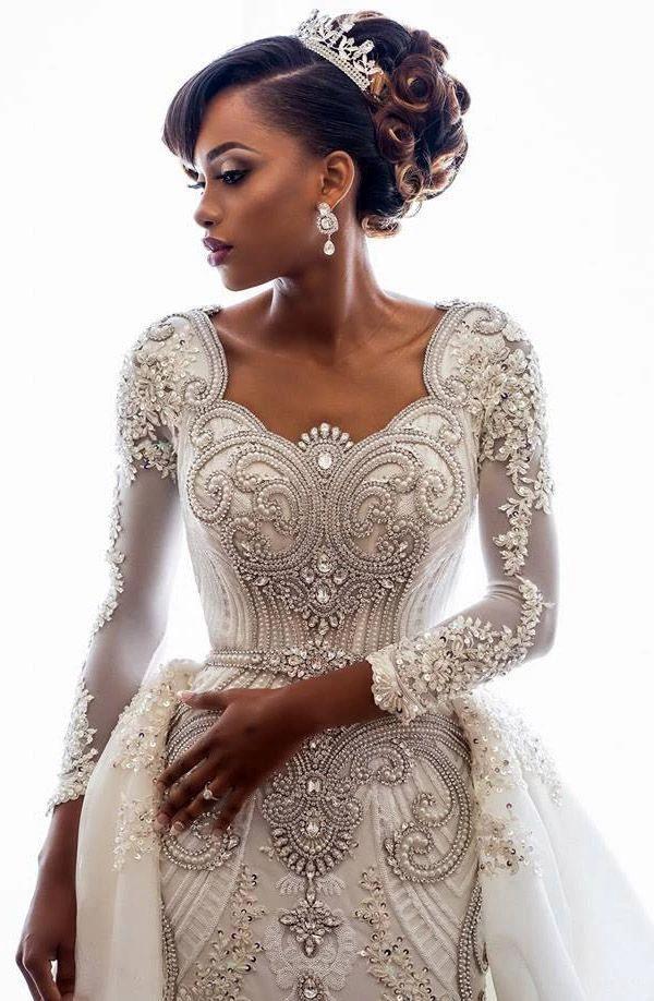Long Sleeve Mermaid Beads Lace Appliques Wedding Dresses with Overskirt by BIZTUNNEL
