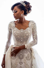 Long Sleeve Mermaid Beads Lace Appliques Wedding Dresses with Overskirt by BIZTUNNEL