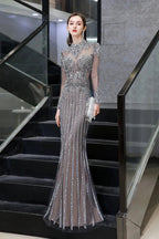 Long Sleeve Mermaid Sequins High-Neck Evening Gowns by BIZTUNNEL