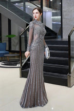 Long Sleeve Mermaid Sequins High-Neck Evening Gowns by BIZTUNNEL
