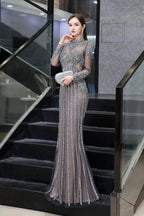 Long Sleeve Mermaid Sequins High-Neck Evening Gowns by BIZTUNNEL