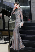 Long Sleeve Mermaid Sequins High-Neck Evening Gowns by BIZTUNNEL