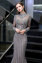 Long Sleeve Mermaid Sequins High-Neck Evening Gowns by BIZTUNNEL