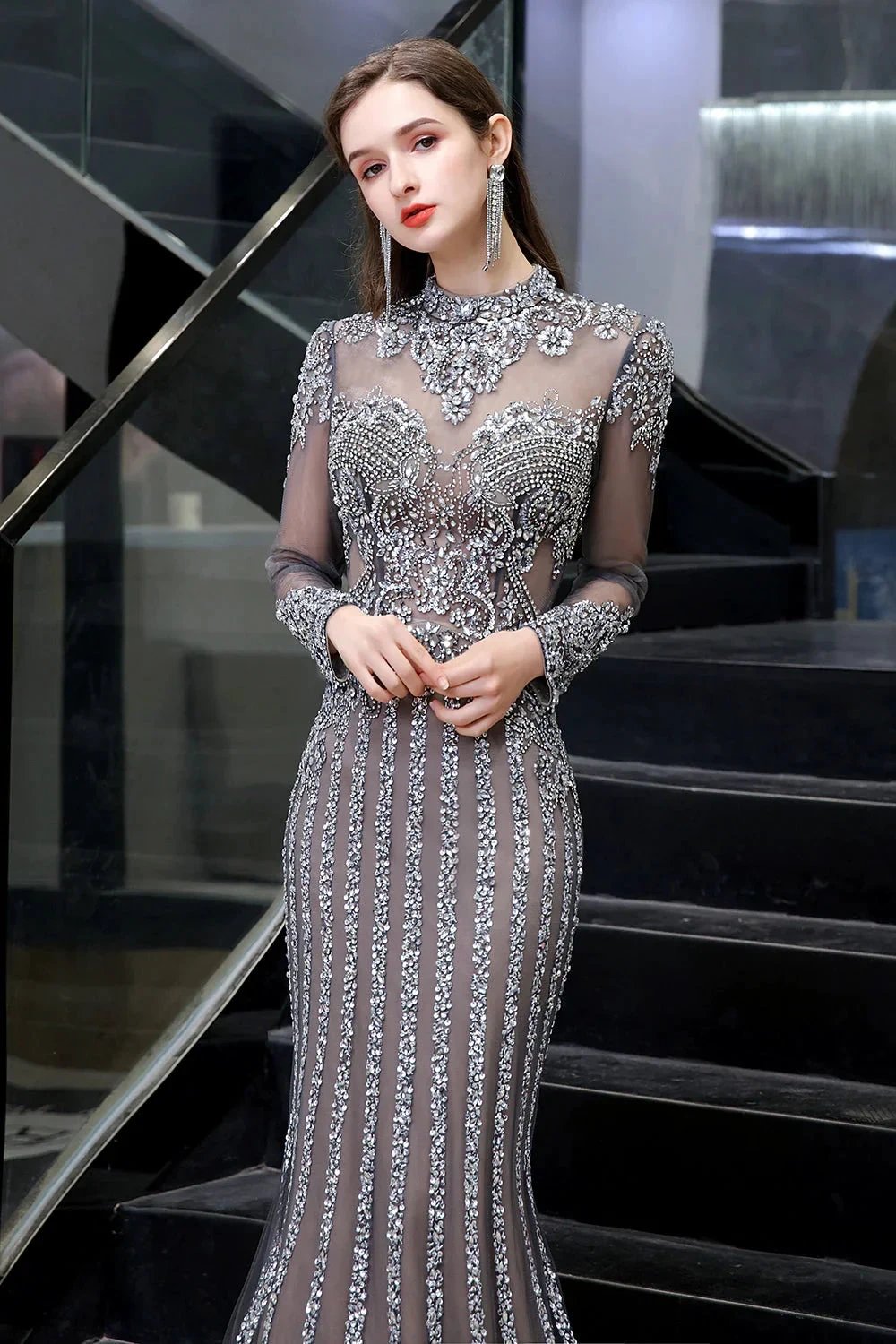 Long Sleeve Mermaid Sequins High-Neck Evening Gowns by BIZTUNNEL
