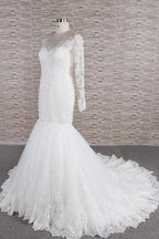 Long Sleeve Mermaid Sweetheart Appliques Lace Backless Wedding Dress by BIZTUNNEL