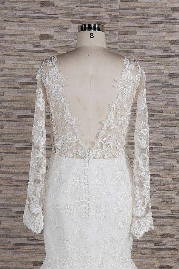 Long Sleeve Mermaid Sweetheart Appliques Lace Backless Wedding Dress by BIZTUNNEL
