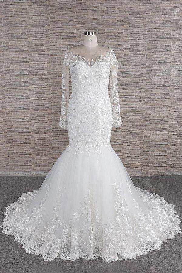 Long Sleeve Mermaid Sweetheart Appliques Lace Backless Wedding Dress by BIZTUNNEL