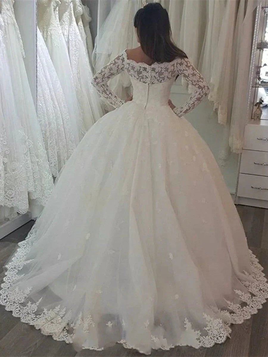 Long Sleeve Off the Shoulder Princess Wedding Dress With Appliques Lace by BIZTUNNEL