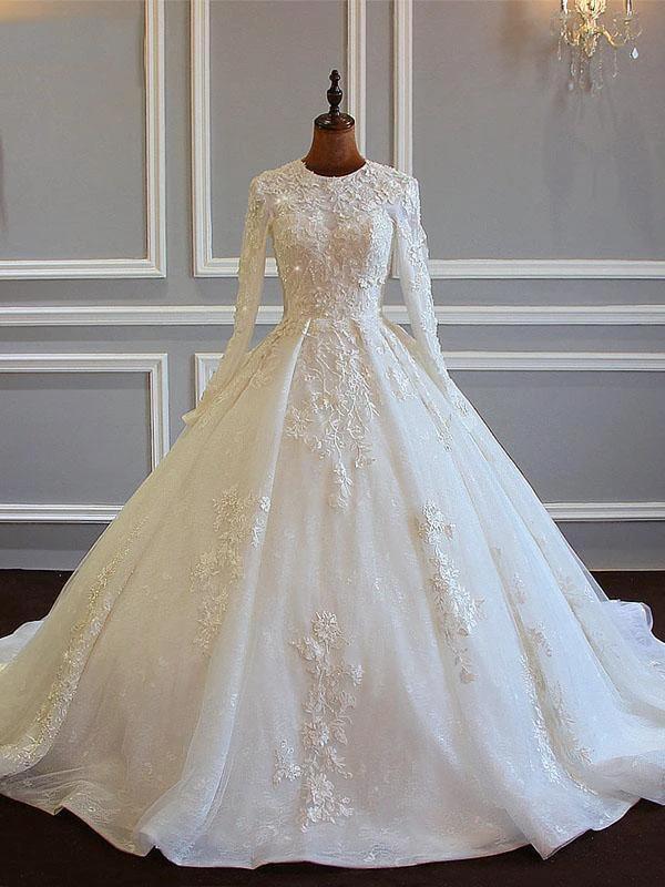 Long Sleeved Ball Gown Satin Wedding Dresses With Lace Flowers by BIZTUNNEL