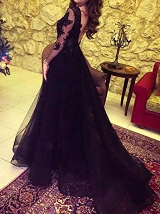 Long Sleeves A-Line Bateau Neck Sweep Brush Train Lace Prom Dresses with Slit by BIZTUNNEL