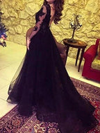 Long Sleeves A-Line Bateau Neck Sweep Brush Train Lace Prom Dresses with Slit by BIZTUNNEL
