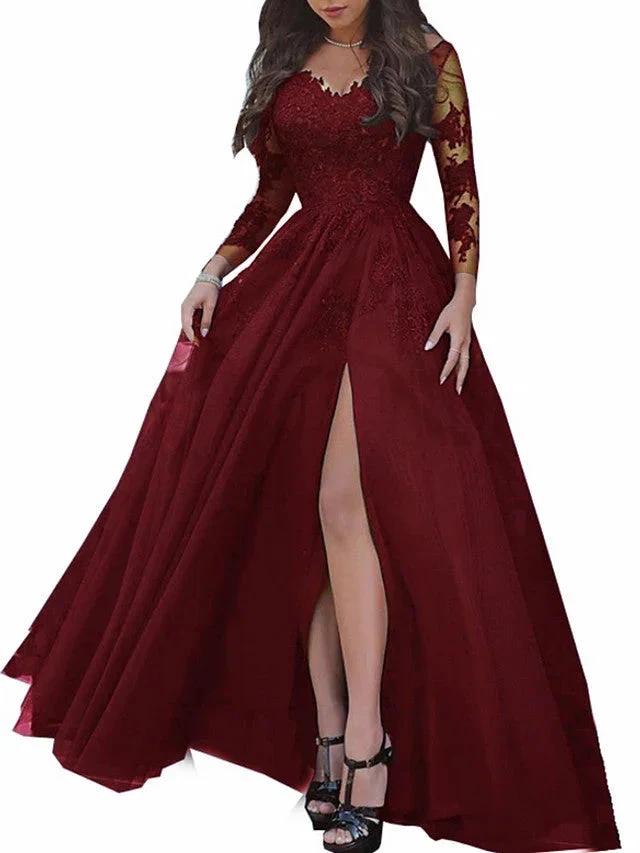 Long Sleeves A-Line Bateau Neck Sweep Brush Train Lace Prom Dresses with Slit by BIZTUNNEL