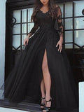 Long Sleeves A-Line Bateau Neck Sweep Brush Train Lace Prom Dresses with Slit by BIZTUNNEL