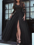 Long Sleeves A-Line Bateau Neck Sweep Brush Train Lace Prom Dresses with Slit by BIZTUNNEL