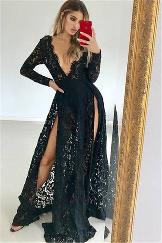Vestido de fiesta de encaje negro con escote en V profundo, manga larga y abertura