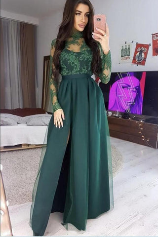 Vestido de fiesta de satén con cuello alto, manga larga y corte A con abertura