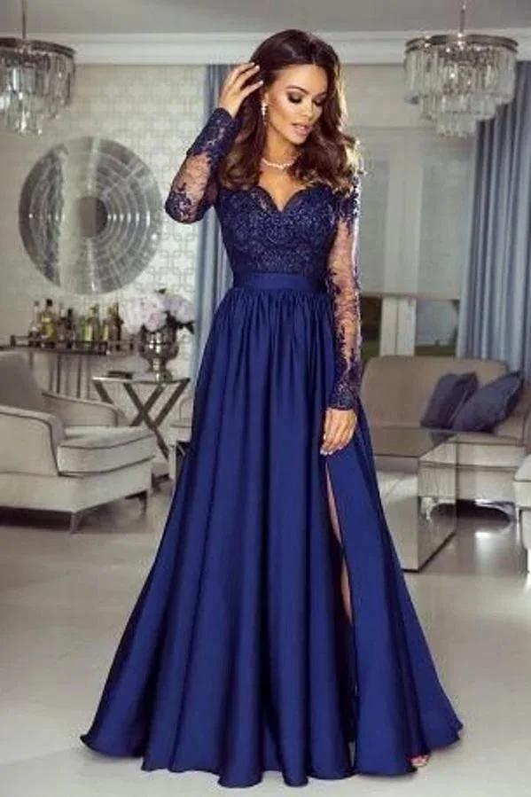 Long Sleeves A-line Sweetheart Lace Prom Dress with Slit by BIZTUNNEL
