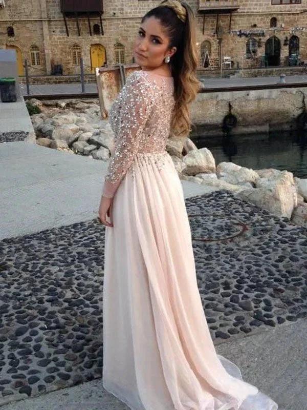 Long Sleeves A-Line/Elegant Bateau Beading Floor-length Chiffon Dress by misshow.com