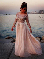 Long Sleeves A-Line/Elegant Bateau Beading Floor-length Chiffon Dress by misshow.com