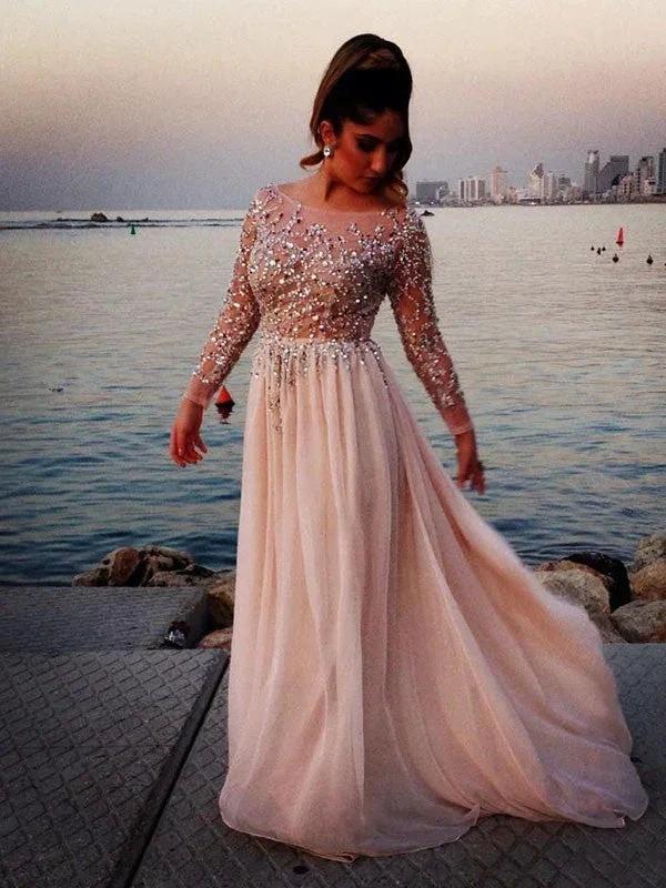 Long Sleeves A-Line/Elegant Bateau Beading Floor-length Chiffon Dress by misshow.com